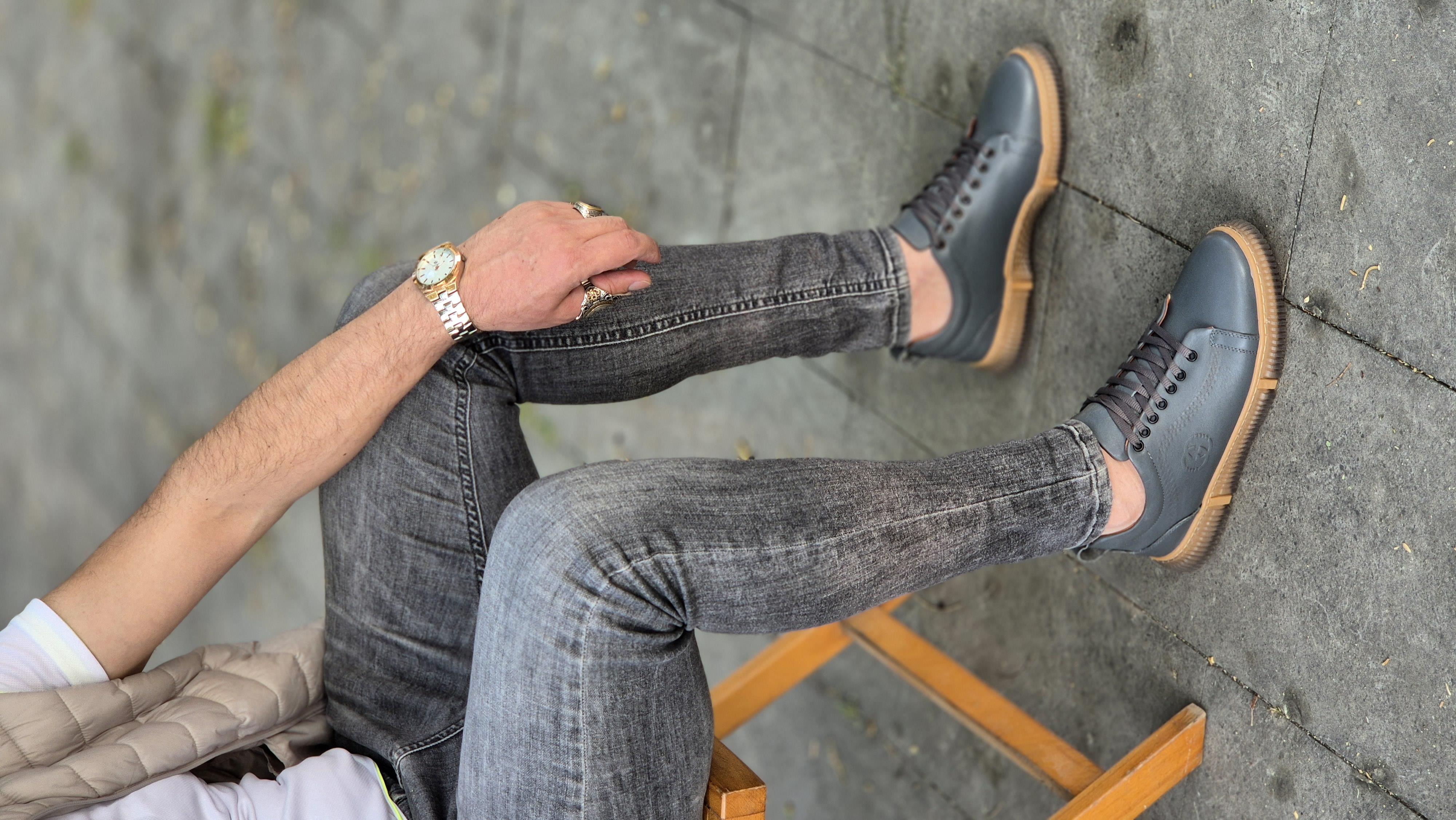 Hnt 00806 Gri Sneakers İçi Dışı Hakiki Deri  Erkek Ayakkabısı