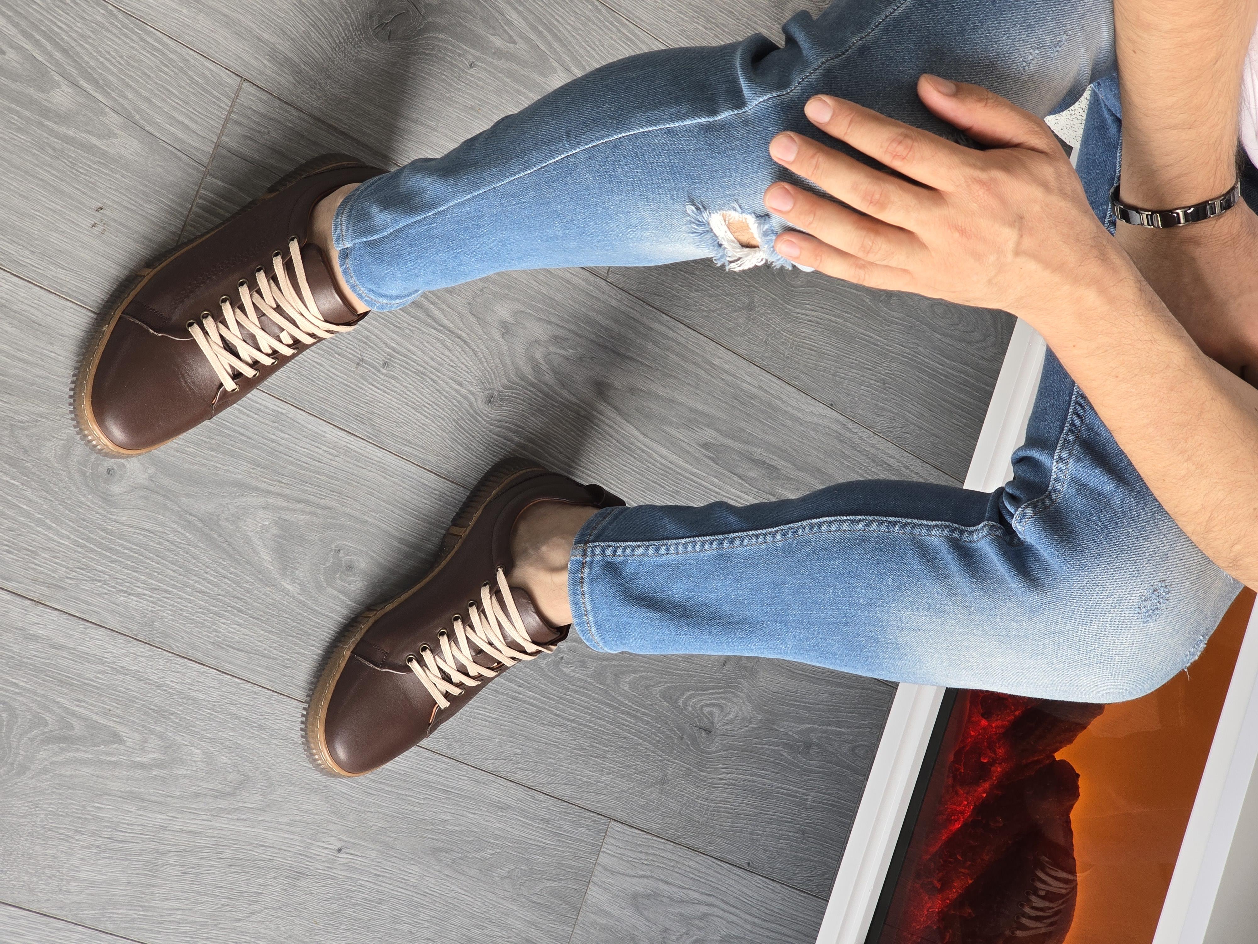 Hnt 00806 Kahverengi Sneakers İçi Dışı Hakiki Deri  Erkek Ayakkabısı