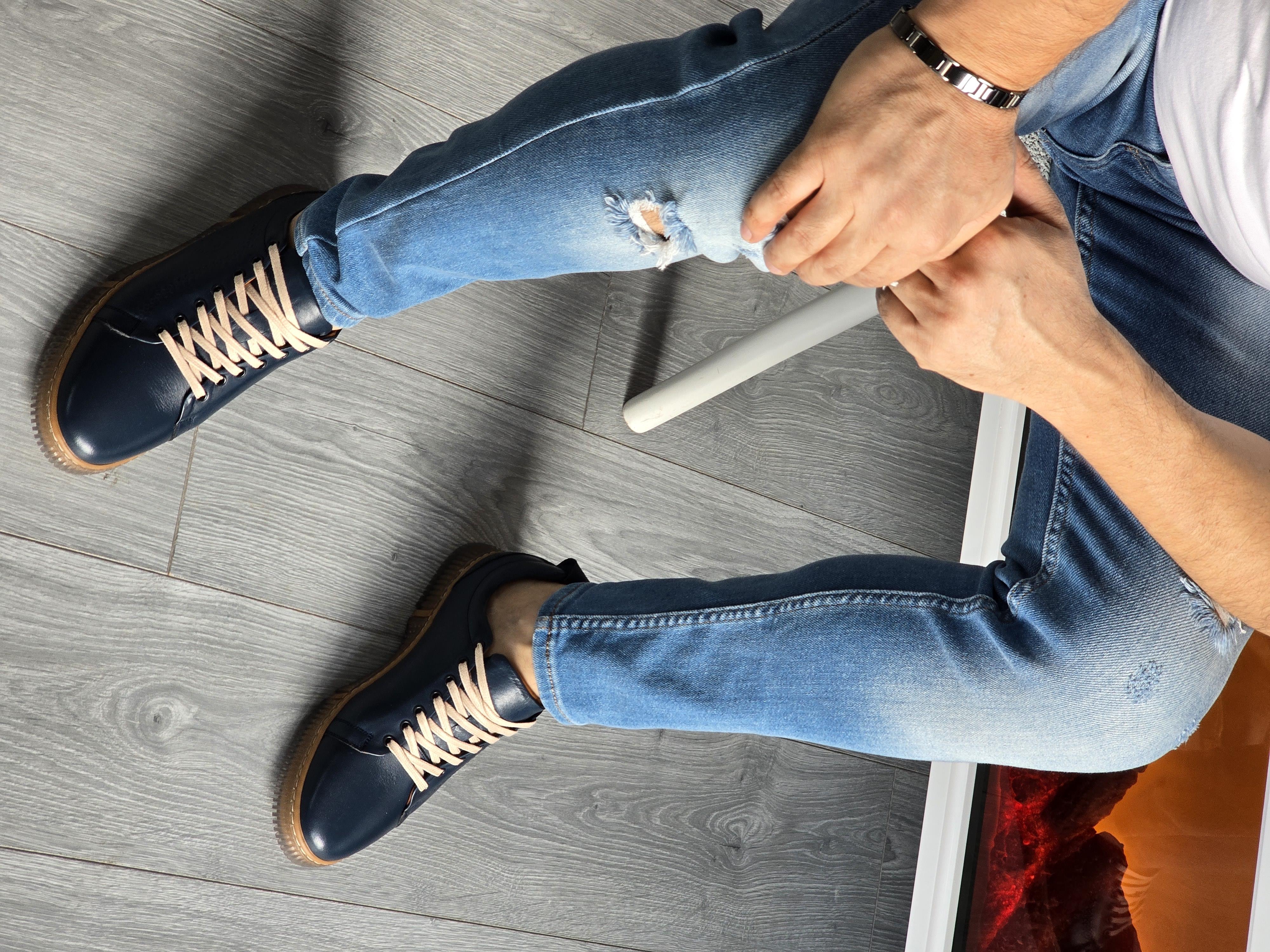 Hnt 00806 Lacivert Sneakers İçi Dışı Hakiki Deri  Erkek Ayakkabısı