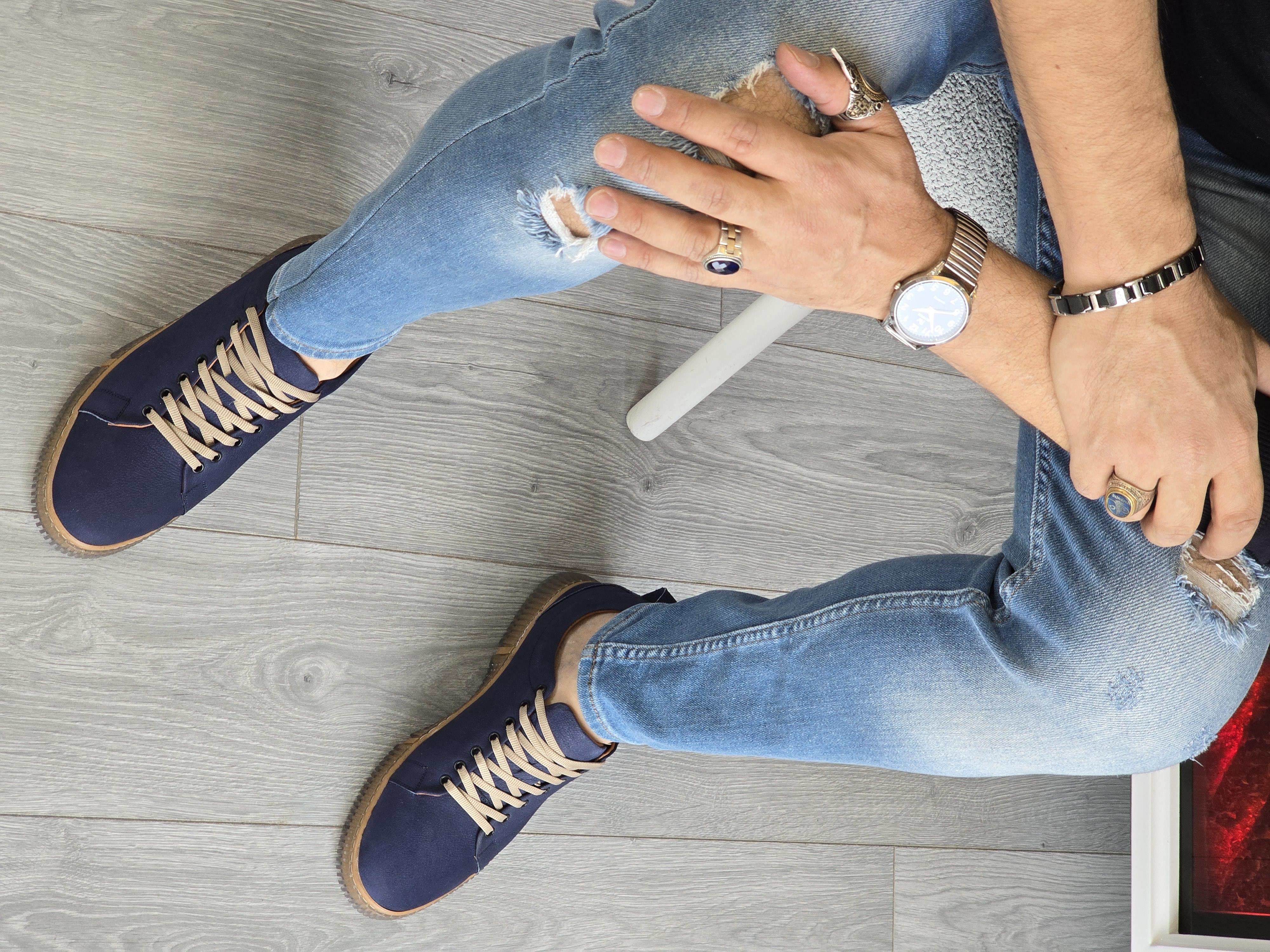 Hnt 00806 Mavi Nubuk Sneakers İçi Dışı Hakiki Deri  Erkek Ayakkabısı