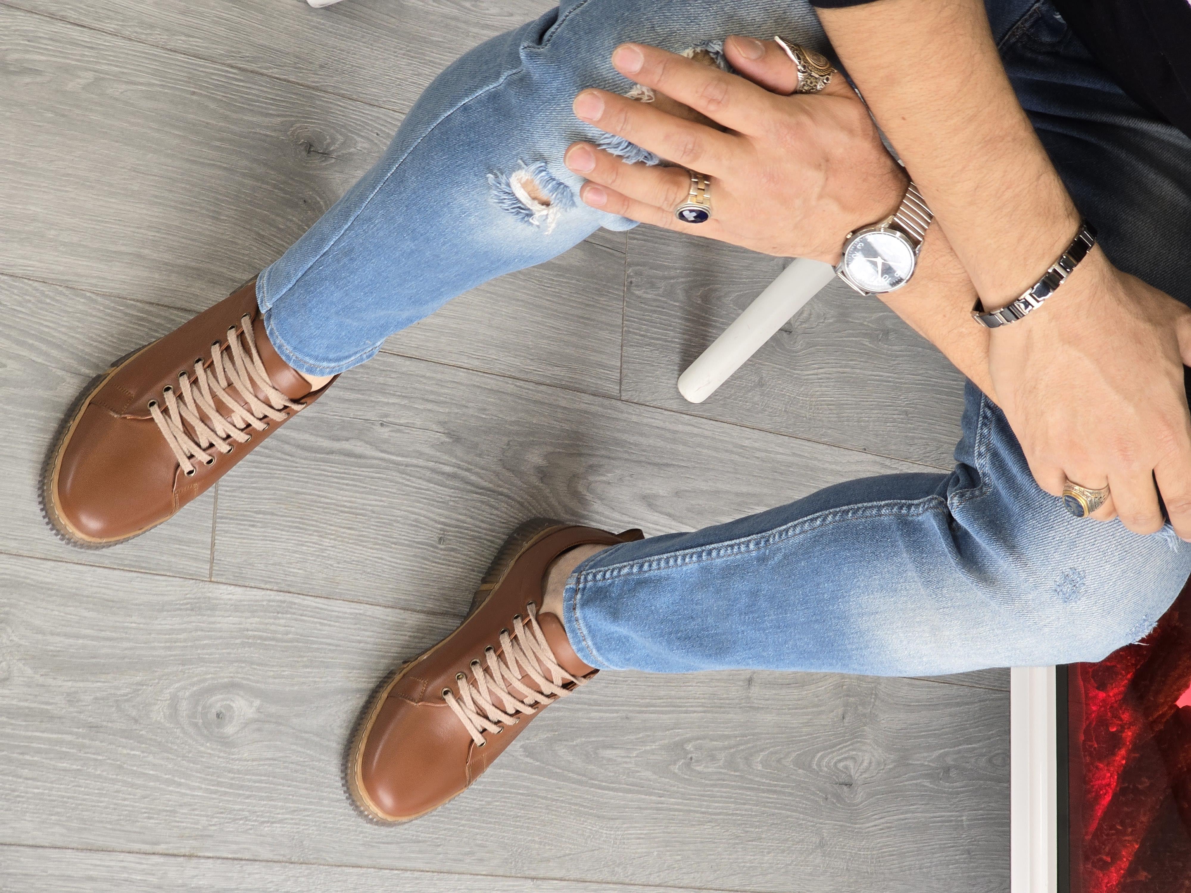 Hnt 00806 Taba Sneakers İçi Dışı Hakiki Deri  Erkek Ayakkabısı