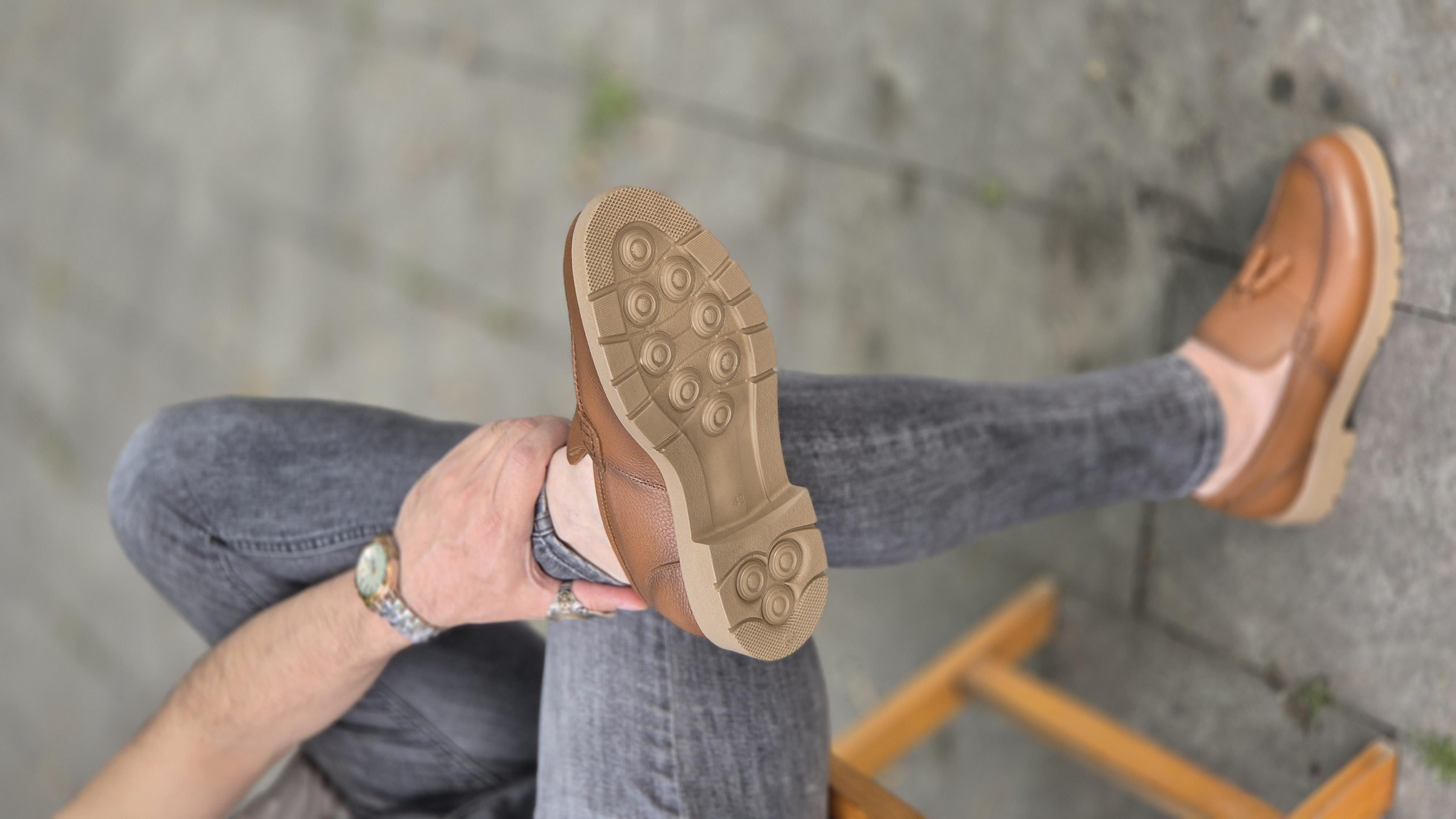 Hnt 052 Taba    Loafer  İçi Dışı Hakiki Deri Klasik   Erkek Ayakkabısı