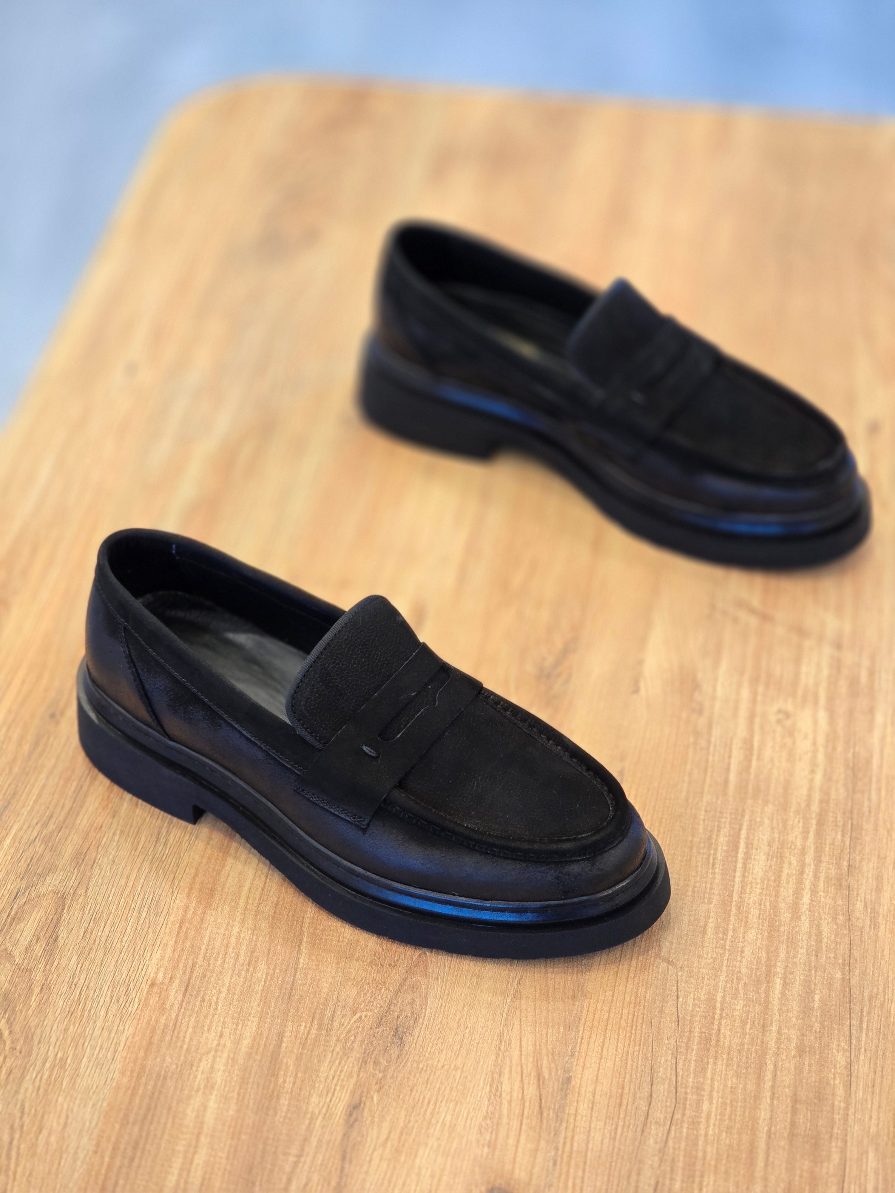 Mrd 00209  Kolej Siyah Nubuk  Loafer  İçi Dışı Hakiki Deri Klasik   Erkek Ayakkabısı