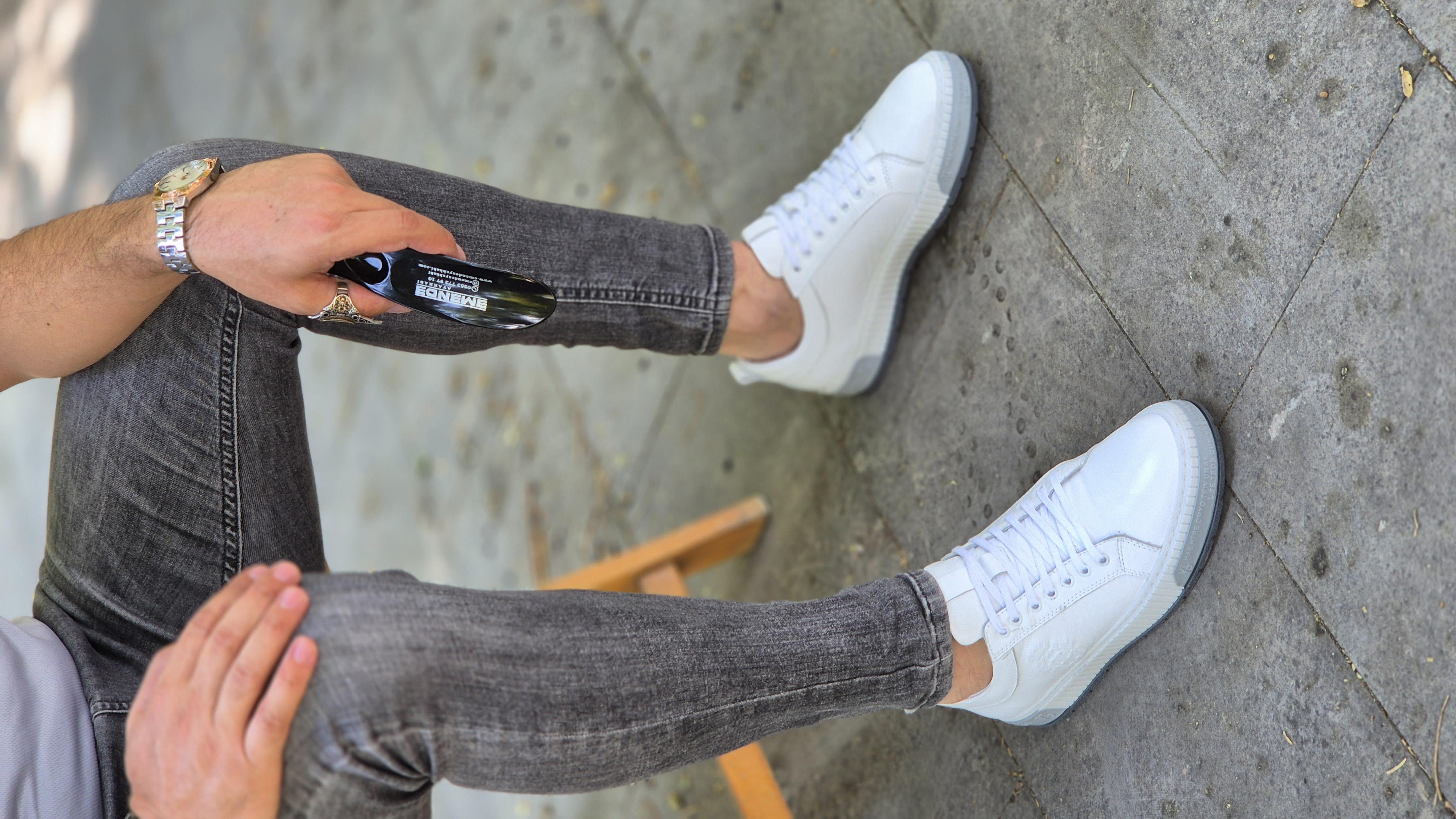 MRD 1117 Yazılı Taban Beyaz Sneakers İçi Dışı Hakiki Deri Erkek Ayakkabısı