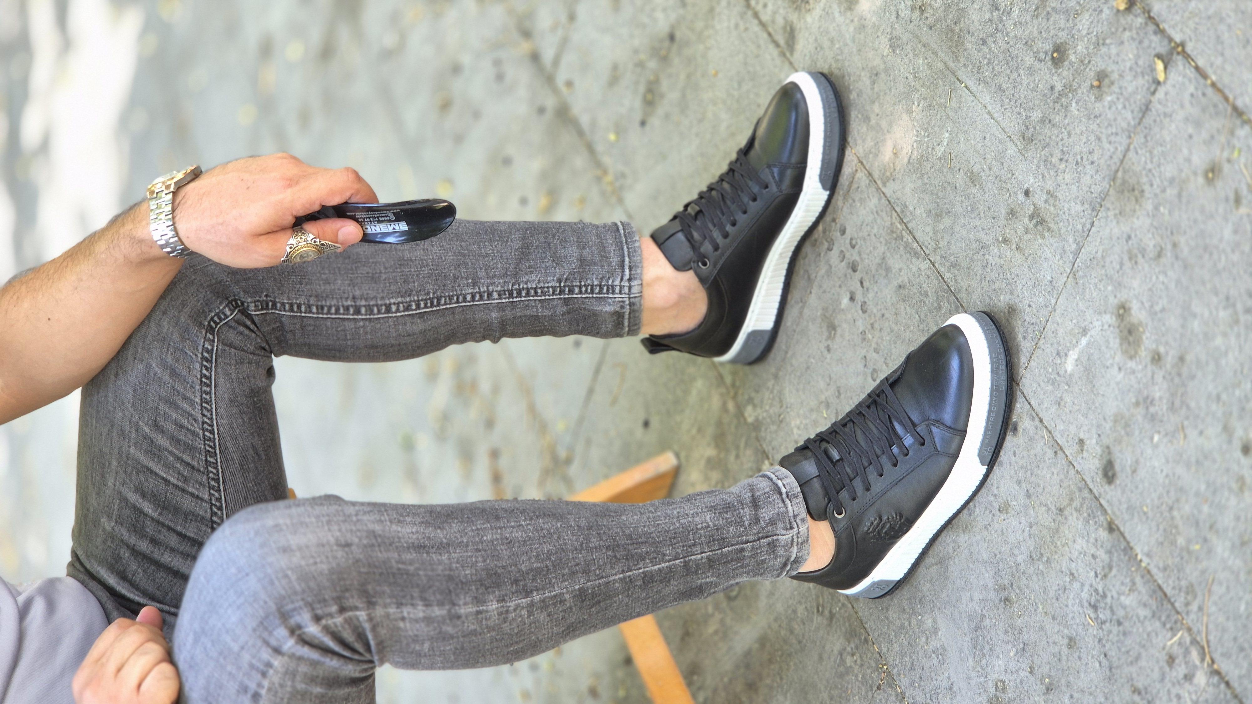 MRD 1117 Yazılı Taban Siyah Sneakers İçi Dışı Hakiki Deri Erkek Ayakkabısı