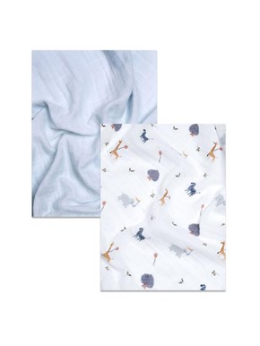 Muslin Baby Blanket, Pack of 2 Zoo Blue 90 x 90 cm