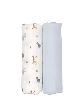 Muslin Baby Blanket, Pack of 2 Zoo Blue 90 x 90 cm