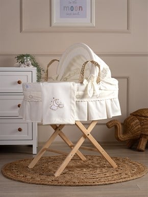 Bebek Hasır Sepet Beşik Seti Düz Ayaklı Luna Elegant Ekru 85 cm