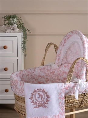 Bebek Hasır Sepet Beşik Tekstil Seti Hummingbird Pembe 85 cm