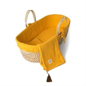 Bebek Hasır Sepet Beşik Tekstil Seti Muslin Marigold Hardal 85 cm