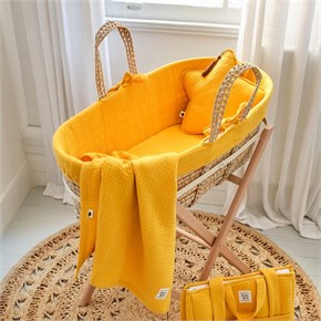 Bebek Hasır Sepet Beşik Tekstil Seti Muslin Marigold Hardal 85 cm