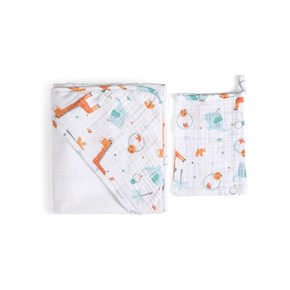 Üçgen Başlıklı Bebek Havlu Seti Giraffe Mavi 75 x 75 cm