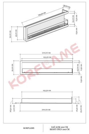 Korflame 200cm Sağ Açık Bioetanol Şömine