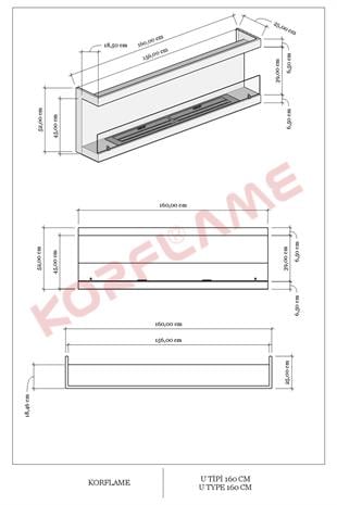 Korflame 160cm U Tipi Bioetanol Şömine
