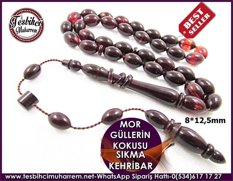 Sıkma Kehribar Tesbih 8*12,5 mm Mor Güllerin Kokusuna