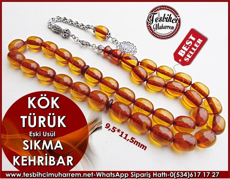 Sıkma Kehribar Tesbih 9,5*11,5 mm Eski Usül Kök Türük