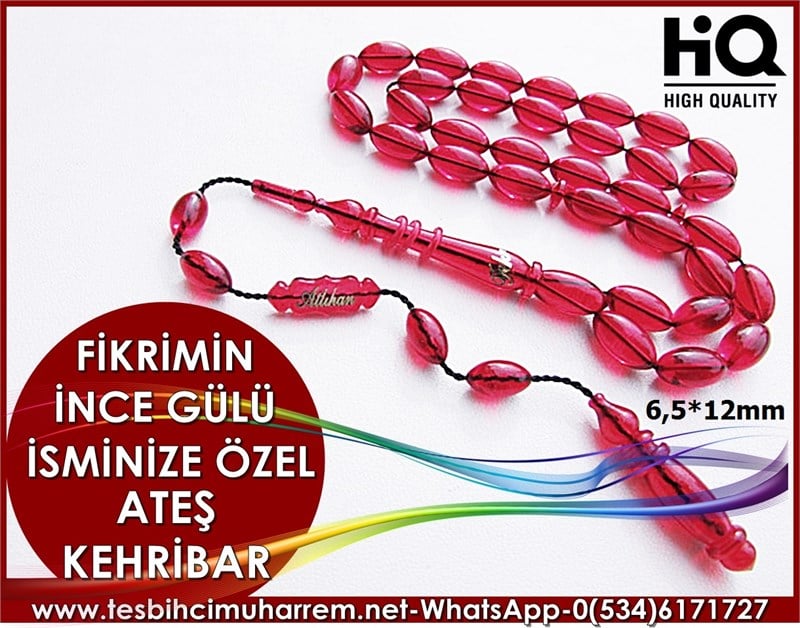 ATEŞ KEHRİBAR TESBİH 6,5*12 mm ALTIN VARAKLI İSMİNİZE ÖZEL