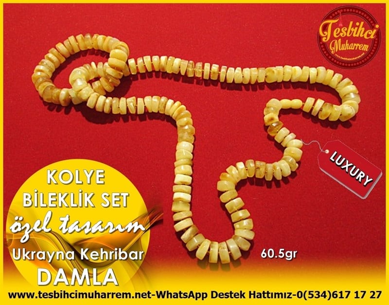 60.5 gr Özel Model Kolye+Bileklik Set Ukrayna Damla Kehribar
