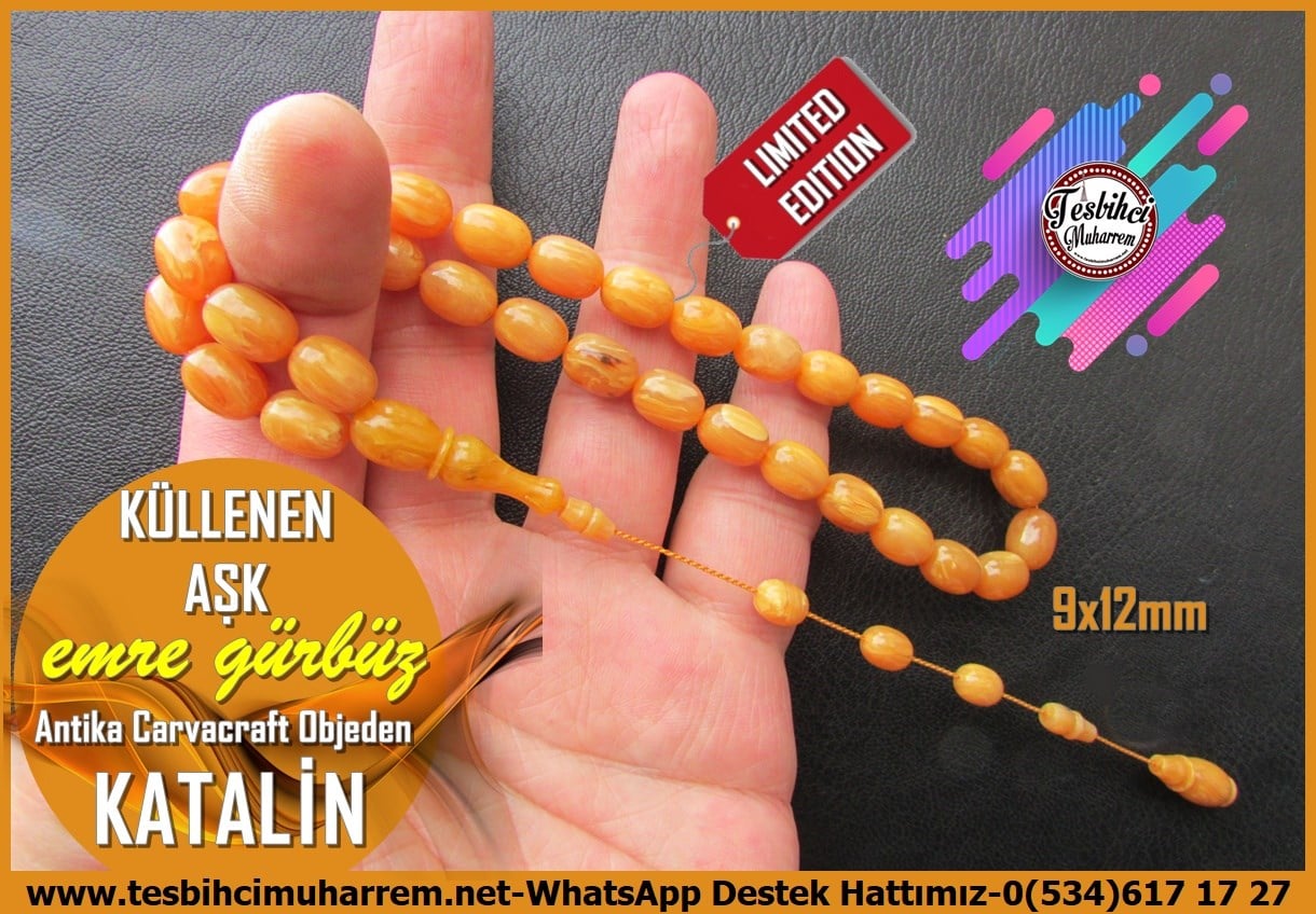 Katalin Ve Bağa TesbihlerTM14259Emre Gürbüz Usta El İşçiliği Tespih | 1909 Sonrası Orijinal Bakalit Carvacraft Katalin, Premium Çalışma, Antika Sümen Takımından Hardal Renk 