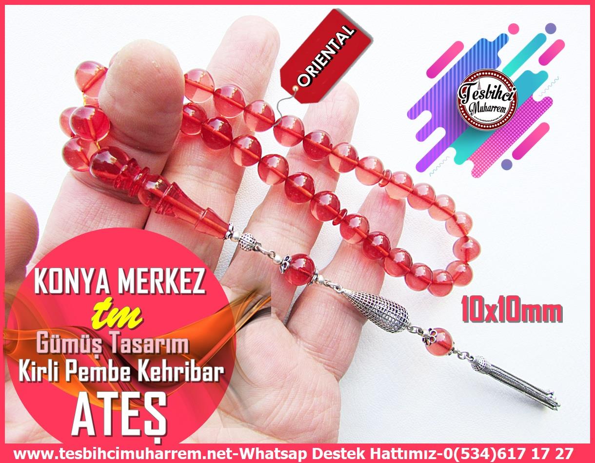 Nar Çiçeği Ton TesbihlerTM13491Muharrem Karaoğlu Usta Dizayn Tespih | Pembe Ateş Kehribar, Sığırcık Kesim, Gümüş Püsküllü 