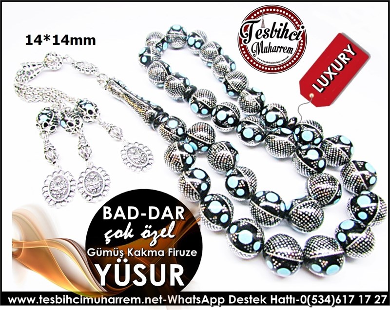 Müstesna İşçilik Firuzeli Yoğun Gümüş Çakı Yüsur Tesbih Bad-dar