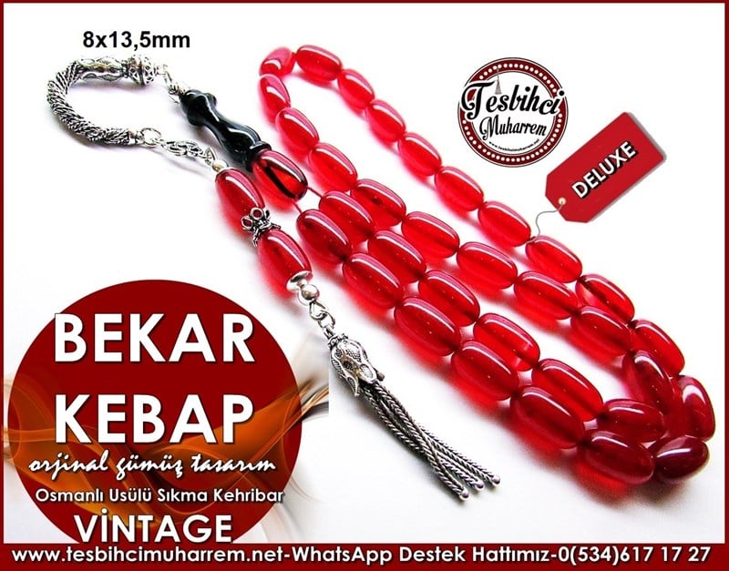 Orjinal Gümüş Püskül Osmanlı Usülü Vintage Sıkma Kehribar Tesbih Bekar Kebap
