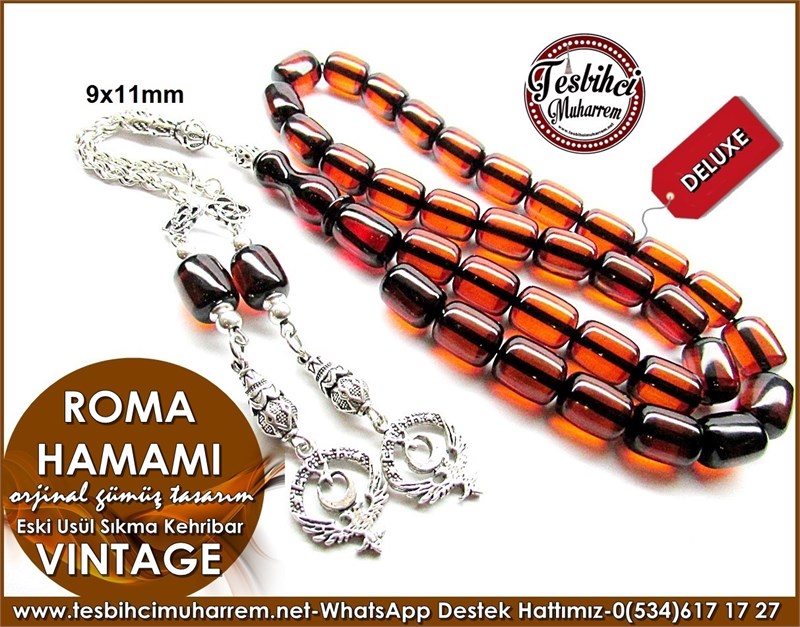 Orjinal Gümüş Tasarım Vintage Sıkma Kehribar Tesbih Roma Hamamı