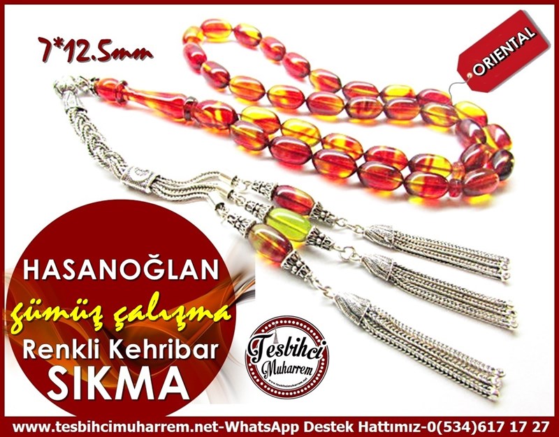 Özel Tasarım Gümüşlü Renkli Sıkma Kehribar Tesbih Hasanoğlan