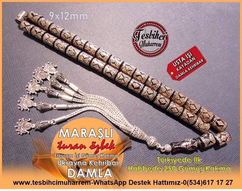 Türkiyede İlk Defa Damla Kehribar Üzerine Erzurum Gümüş Çakma Tesbih Maraşlı