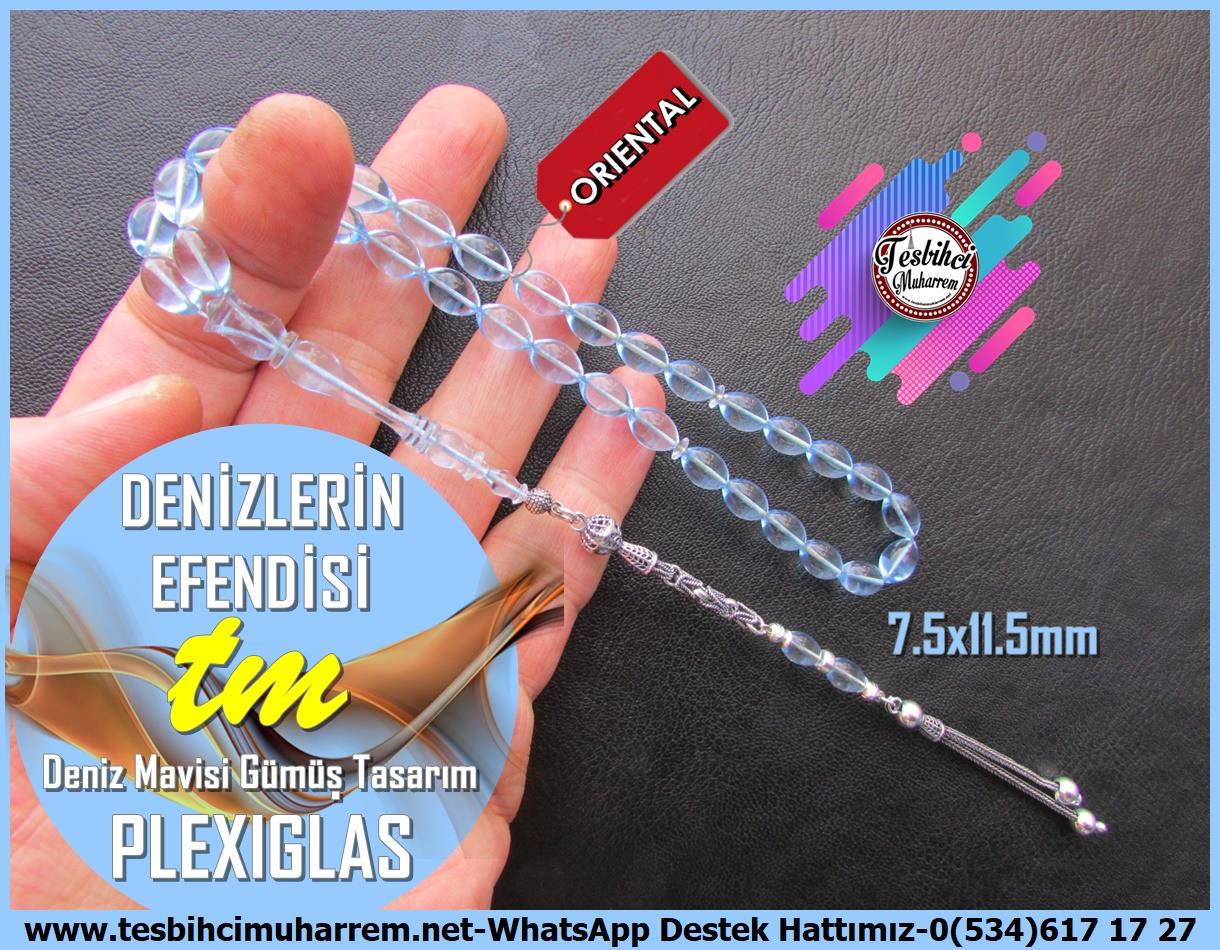 Amberoit TesbihlerTM13665Yaşar Gülseven Usta Tornası | Plexiglass Uçak Camı Tespih, Beyzi Kesim, Açık Mavi, Gümüş Püsküllü, 