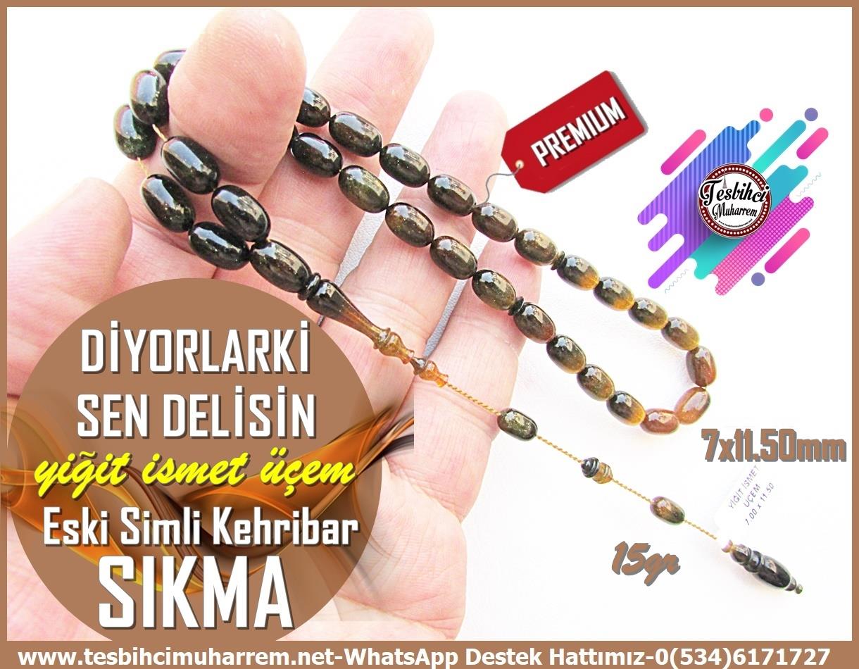 Hareli Yeşil Kehribar TesbihlerTM13860Yiğit İsmet Üçem Usta İşçilikli Tespih | Premium Sıkma Kehribar, Eski Simli Badem Kesim, 