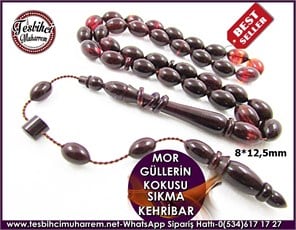 Sıkma Kehribar Tesbih 8*12,5 mm Mor Güllerin Kokusuna