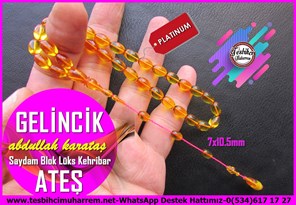 Sarı Ton TesbihlerTM14198Ateş Kehribar Tespih | Badem Model Süzme Bal Sarısı Renk Gelincik Tesbih – Usta Abdullah Karataş İmzalı, Saydam Doku, Sıralı Sistem Ateş Kehribar Tespih I Badem Model Saydam Sarı Gelincik Tesbih