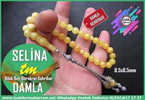  Damla Kehribar TesbihlerTM13987Damla Kehribar Bileklik Tespih | Küre Kesim, Gümüş Püskül, 