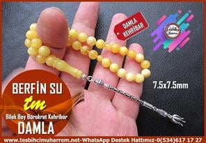 Damla Kehribar TesbihlerTM13986Damla Kehribar Bileklik Tespih | Küre Kesim, Gümüş Püskül, 