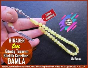  Damla Kehribar TesbihlerTM13449Damla Kehribar Bileklik Tespih | Küre Kesim, Gümüş Püskül, 