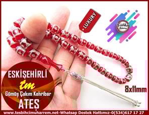 Ateş Kırmızı Ton TesbihlerTM13573Erzurumlu Sırrı Usta Tornası Tespih | Ateş Kehribar, Gümüş Çakım, Gümüş Püskül, Kırmızı, 