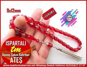 Ateş Kırmızı Ton TesbihlerTM13571Erzurumlu Sırrı Usta Tornası Tespih | Ateş Kehribar, Gümüş Çakım, Gümüş Püskül, Kırmızı, 
