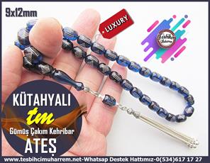 Lacivert Ton TesbihlerTM13572Erzurumlu Sırrı Usta Tornası Tespih | Ateş Kehribar, Gümüş Çakım, Gümüş Püskül, Lacivert, 