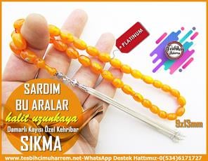 Turuncu Kehribar TesbihlerTM13857Halit Uzunkaya Usta İşçilikli Tespih | Sıkma Kehribar, Kayısı Renk, Badem Kesim, İpek Gümüş Püskül, 