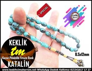 Mavi Ton TesbihlerTM13904Muharrem Karaoğlu Usta Dizayn “Keklik” Tespih | Firuze Katalin, Mineli Gümüş Kazaziye Püskül, Beyzi Kesim TesbihTespih Katalin I Gümüş Kazaz Kamçılı Beyzi Kesim Damarlı Keklik Tesbih
