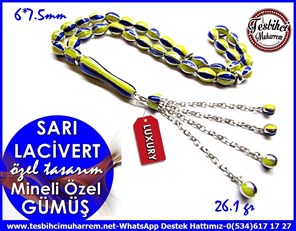 Özel Full Gümüş Tasarım Kafes Mineli Yoğun Sarı Lacivert Tarz Gümüş Tesbih