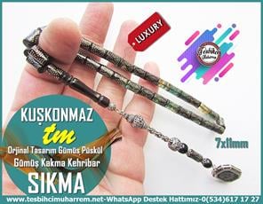 Hareli Mavi Kehribar TesbihlerTM13635Ümit Kuşkonmaz Usta Tornası | Sıkma Kehribar Tespih, Gümüş Çakım, Full Gümüş Tasarım, Kesme Model, 