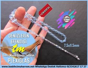 Amberoit TesbihlerTM13665Yaşar Gülseven Usta Tornası | Plexiglass Uçak Camı Tespih, Beyzi Kesim, Açık Mavi, Gümüş Püsküllü, 