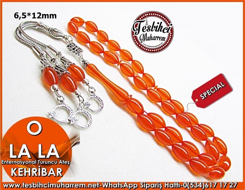  Gümüş Püsküllü Enternasyonal Turuncu Ateş Kehribar Tesbih 6,5*12 mm O La La 