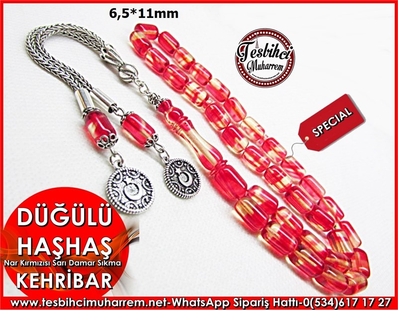  Gümüş Püsküllü Narı Kırmızı Sıkma Kehribar Tesbih 6,5*11 mm Düğülü Haşhaş
