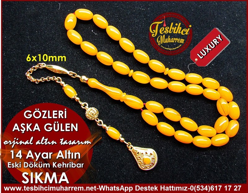  Orjinal 14 Ayar Altın Püskül Çalışma Eski Döküm Sıkma Kehribar Tesbih Gözleri Aşka Gülen