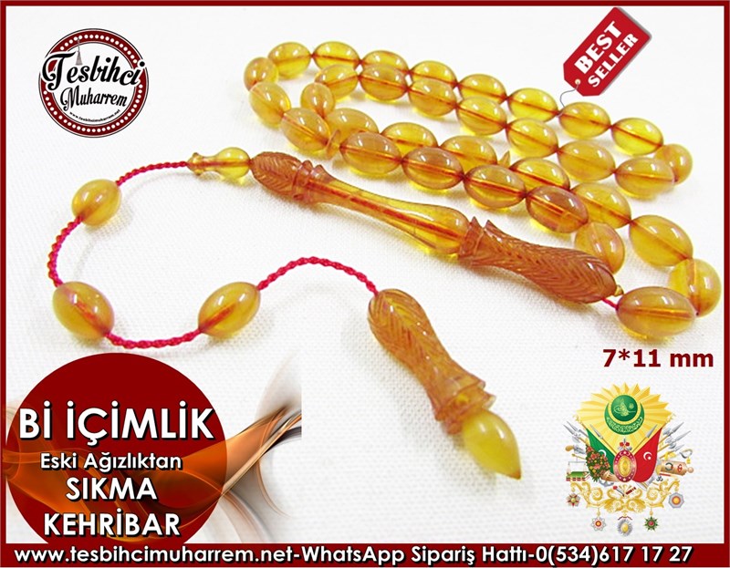 Sıkma Kehribar Tesbih 7*11 mm Eski Alman Ağızlıktan Bi İçimlik