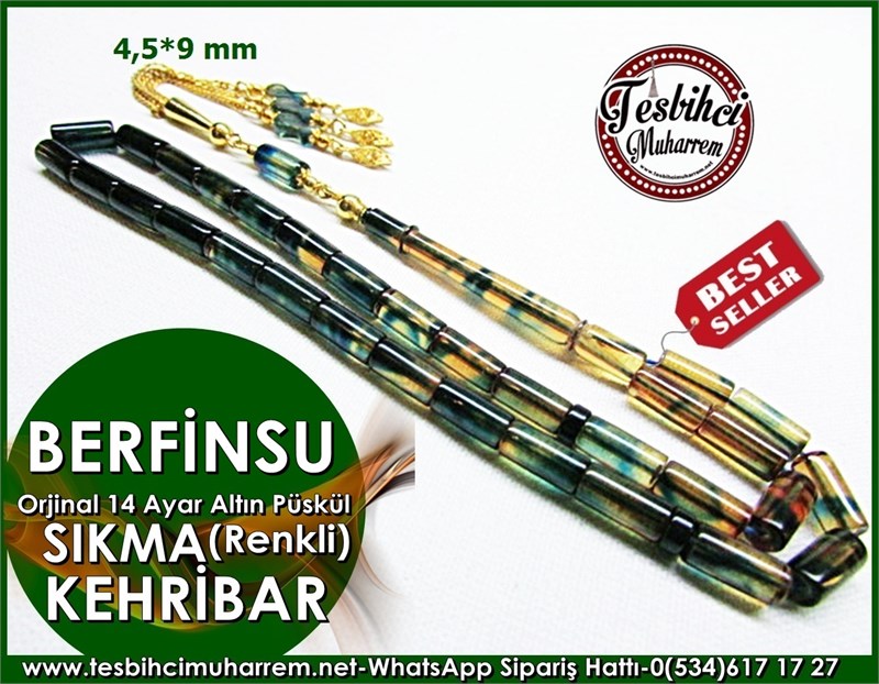Altın Püsküllü Sıkma Kehribar Tesbih 4,5*9 mm Berfinsu