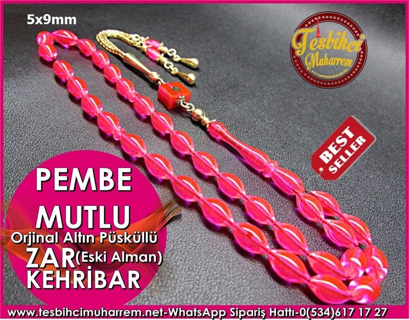 Altın Püsküllü Eski Alman Zar Kehribar Tesbih 5*9 mm Pembe Mutlu